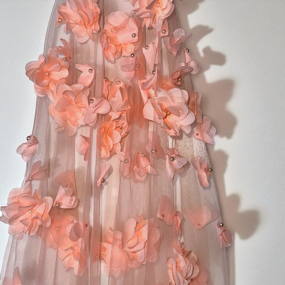 New 39 in Pink Bridal Wedding Veil Flowers Comb Floral Veil Pearl 3D Blush Peach